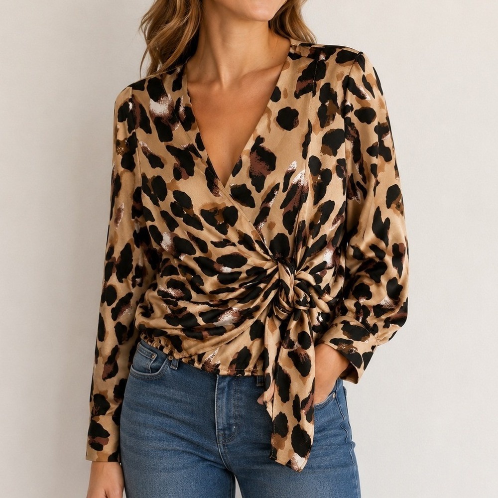 Hayden LA Revolve Leopard Wrap Blouse Chic Office Siren Mob Wife Night Out Glam